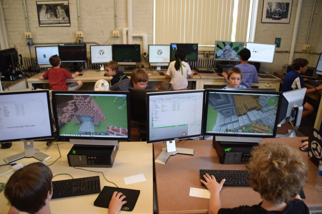 Minecraft 3D Printing summer camp participants building a components for an algorithmically-generated collaborative city